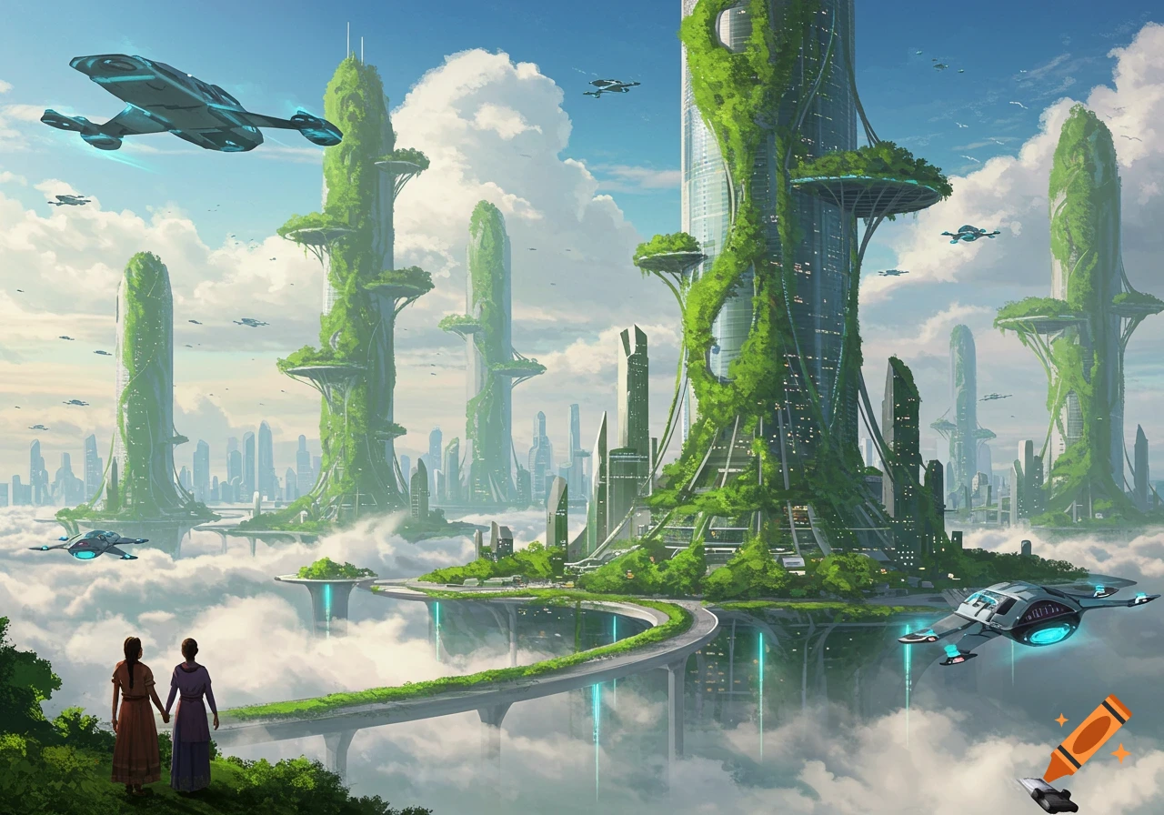 A futuristic city floating above clouds, with tall, green-covered buildings, flying vehicles, and two figures.
