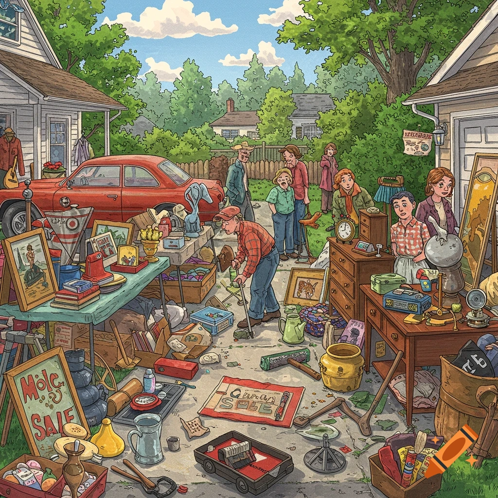 A busy garage sale scene in front of a house with people, items for sale, and a red car.