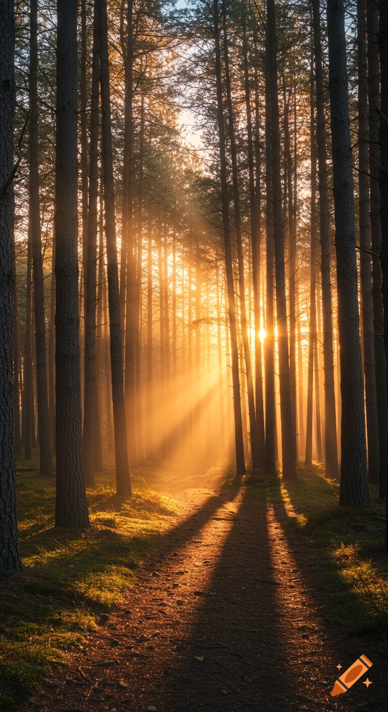 Sunrise light beams through tall pine trees onto a forest path.