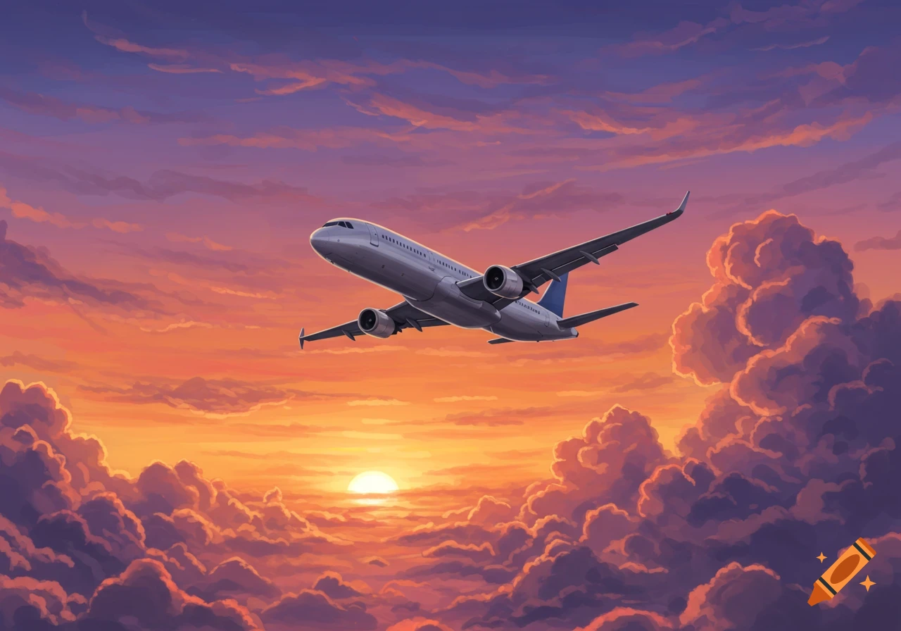 A plane flying through clouds during sunset.
