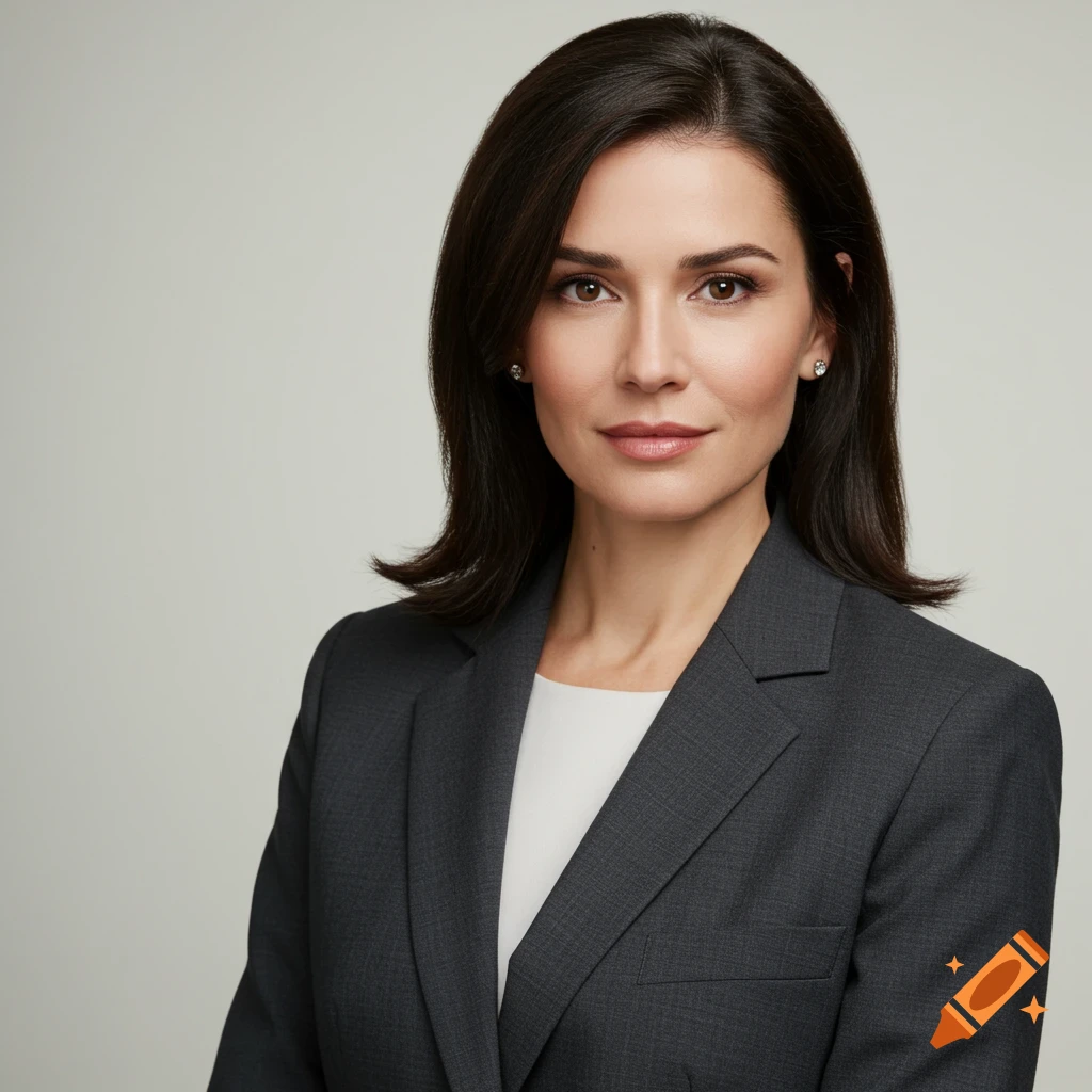 A brunette woman in a dark gray business suit poses for a professional headshot.