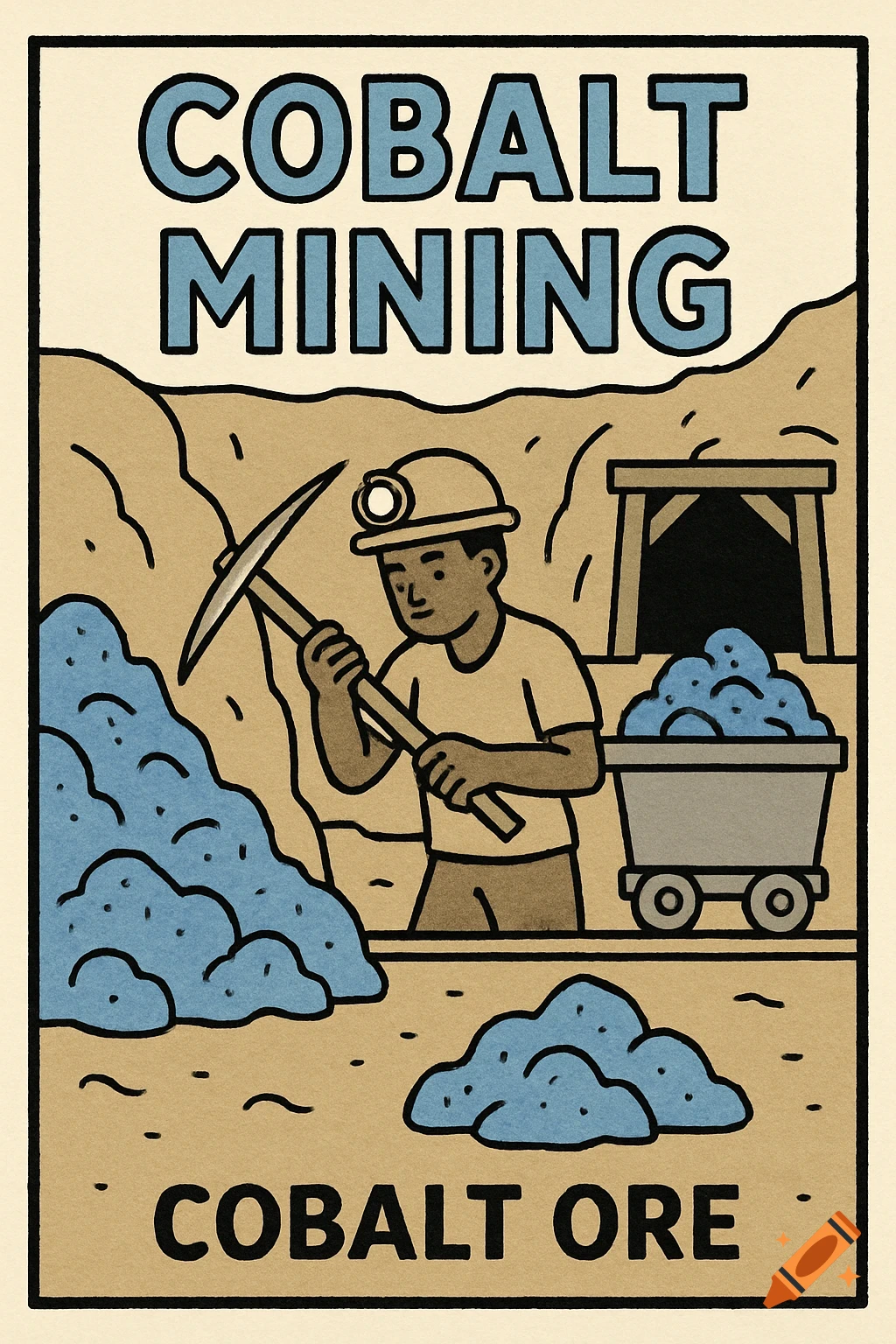 Illustration poster shows a miner with a pickaxe, piles of blue cobalt ore, a mine cart, and text 'COBALT MINING' and 'COBALT ORE'. Simple, stylized.
