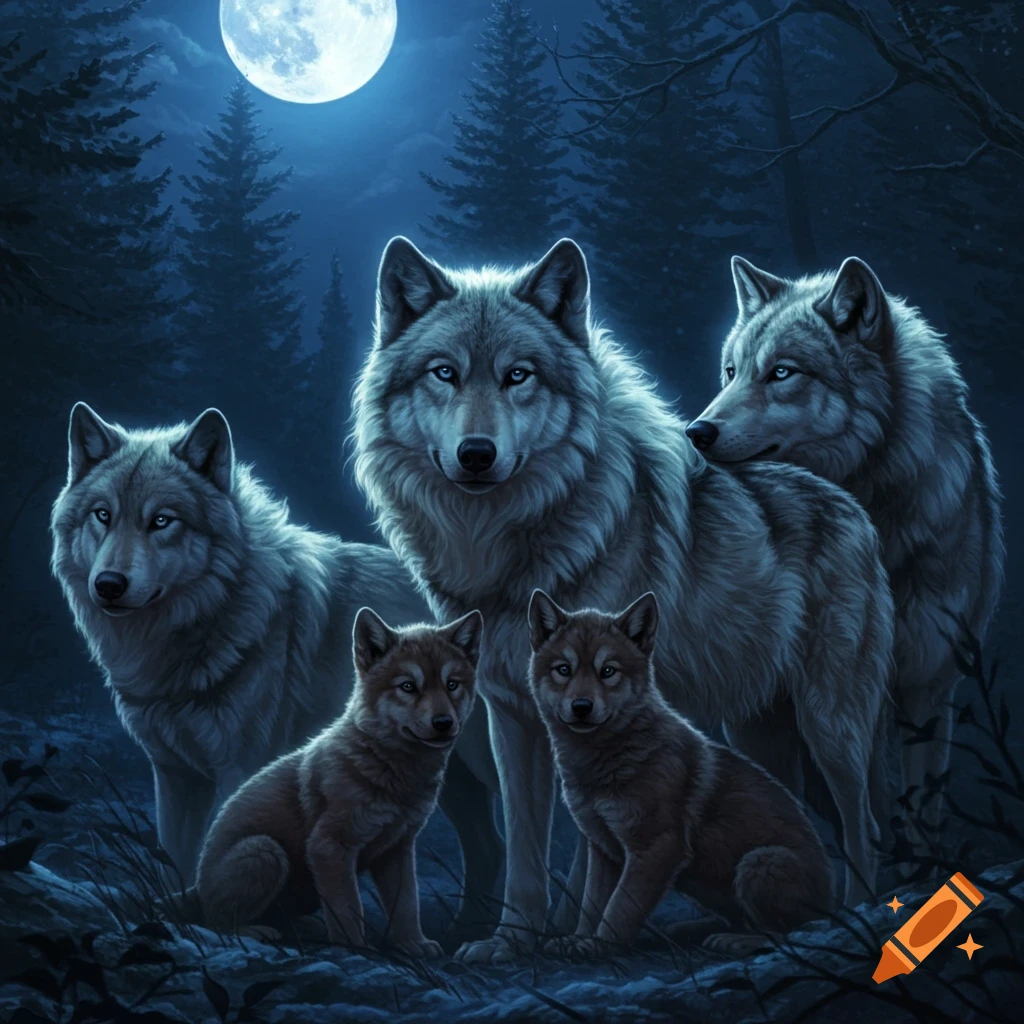 A wolf pack in a forest under a full moon.