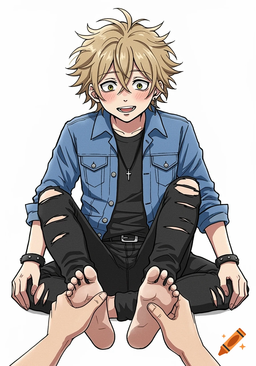 Anime boy in denim jacket and ripped jeans sits while hands tickle his feet.