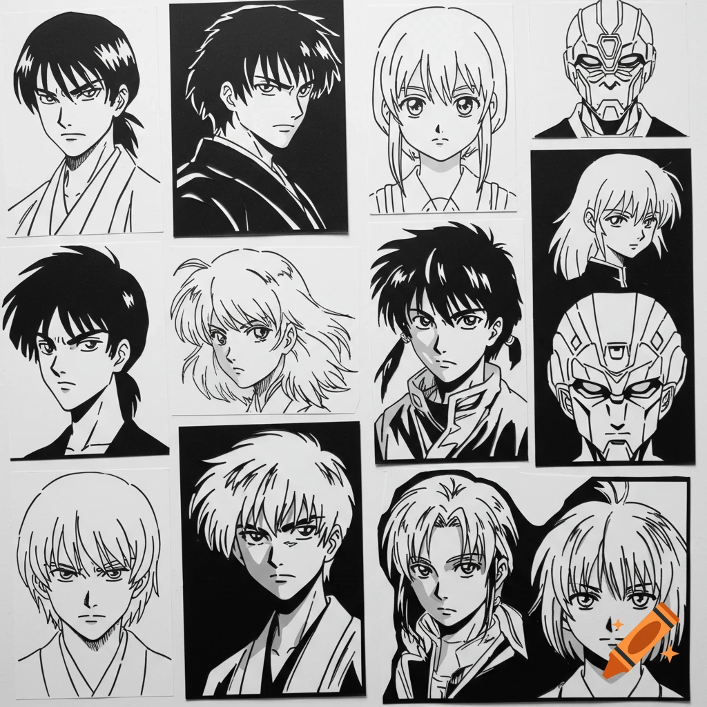 Black and white anime portraits and robot heads.