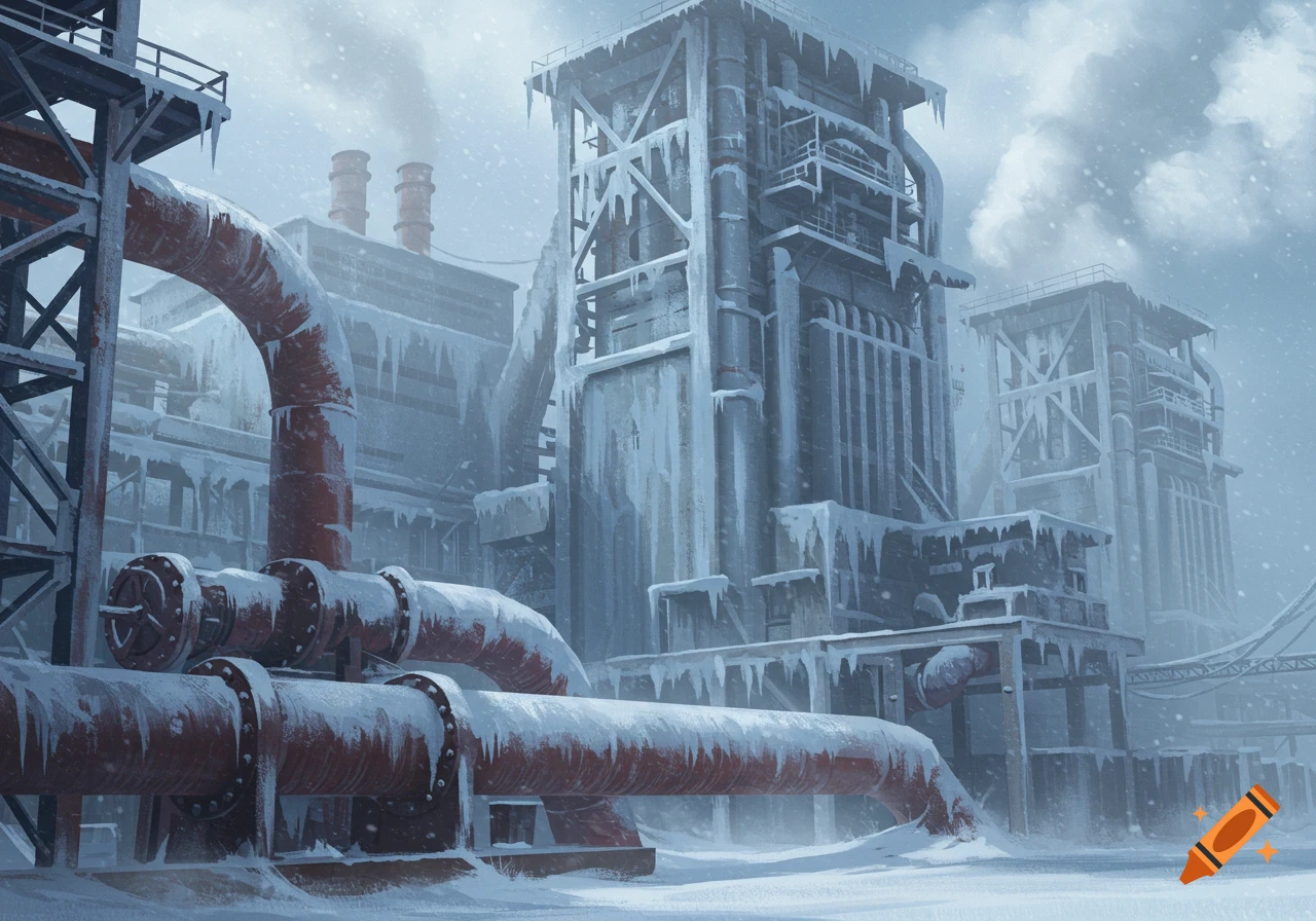 An abandoned frozen industrial plant covered in snow and ice