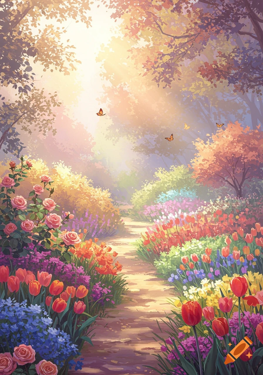 A sunny garden path lined with colorful flowers and trees with butterflies