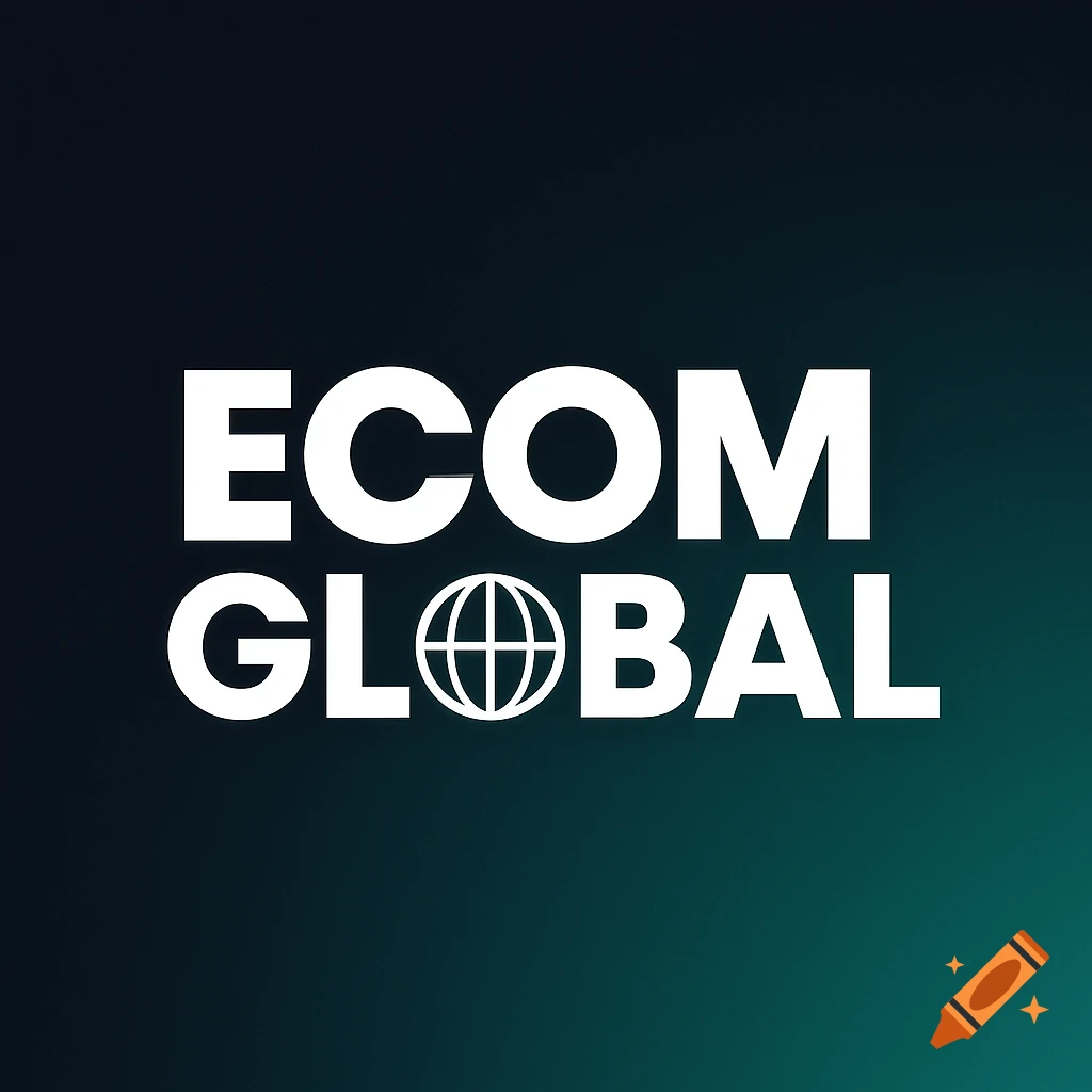 Logo with text ECOM GLOBAL and a wireframe globe icon
