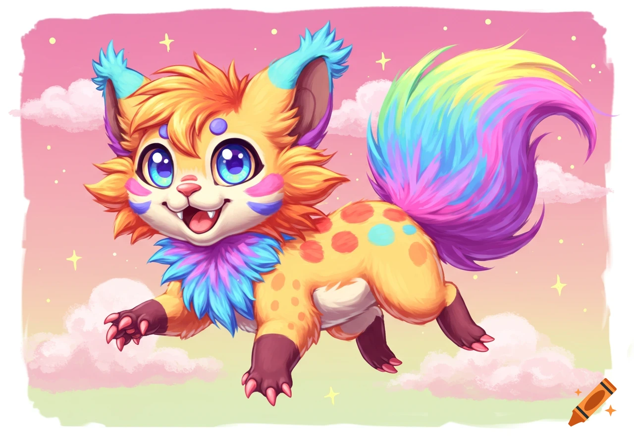 A colorful fantasy creature floats among clouds.