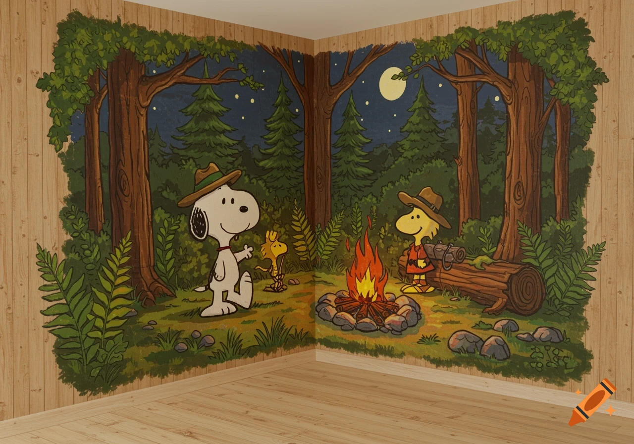 A mural of Snoopy and Woodstock camping by a campfire in a forest.