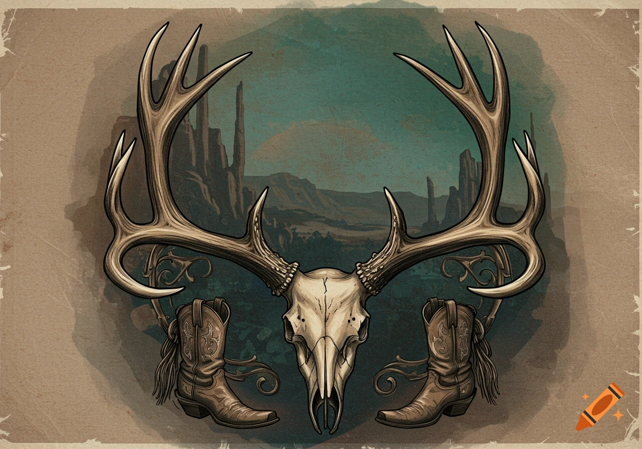 A deer skull and antlers are positioned between two cowboy boots against a desert landscape.