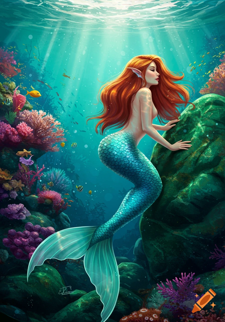 A mermaid with red hair and a blue tail in a coral reef.