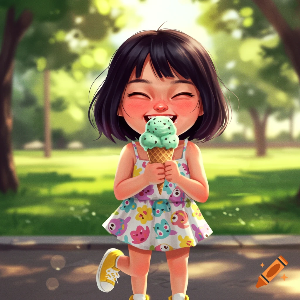 A happy girl is eating ice cream in a park.