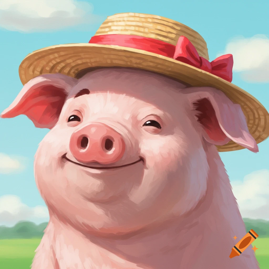 A smiling cartoon pig wears a straw hat with a red ribbon in a field under a cloudy sky.