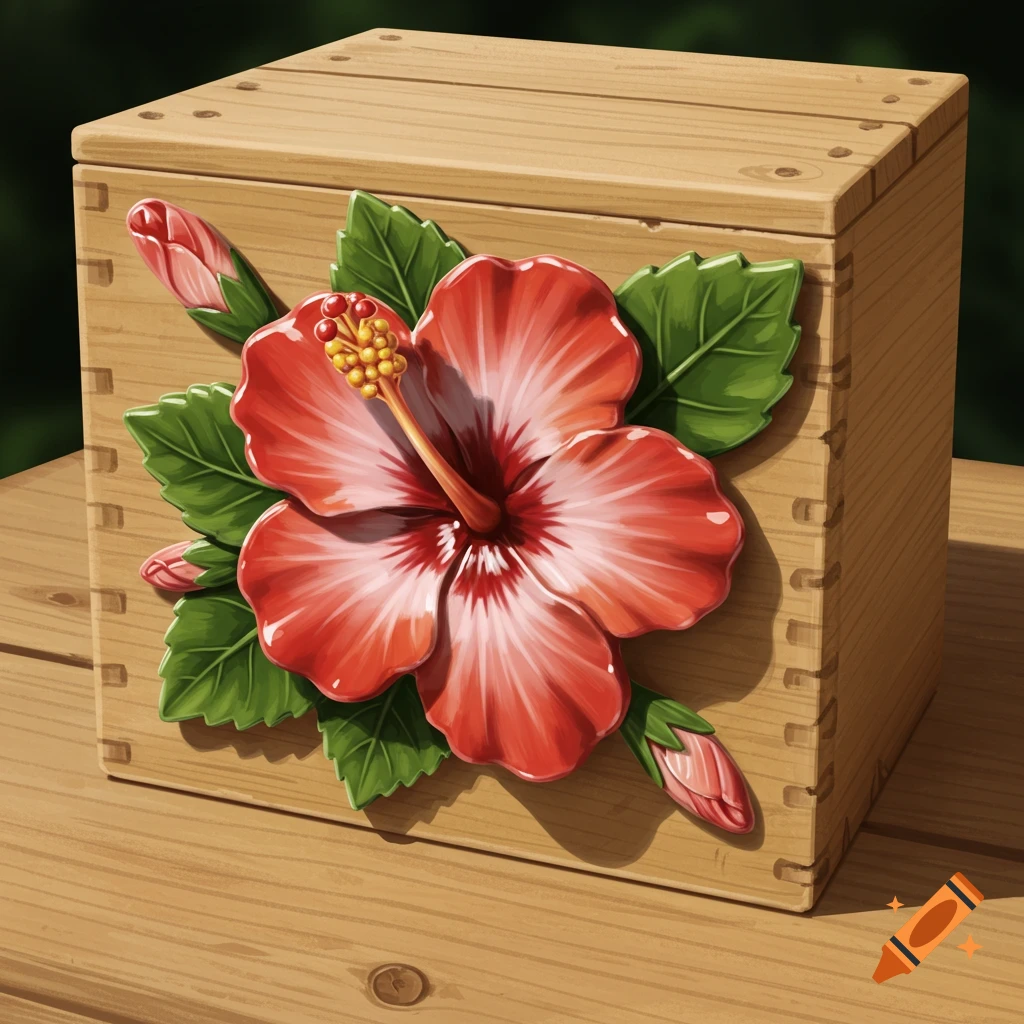 Ceramic hibiscus decoration on a wooden box