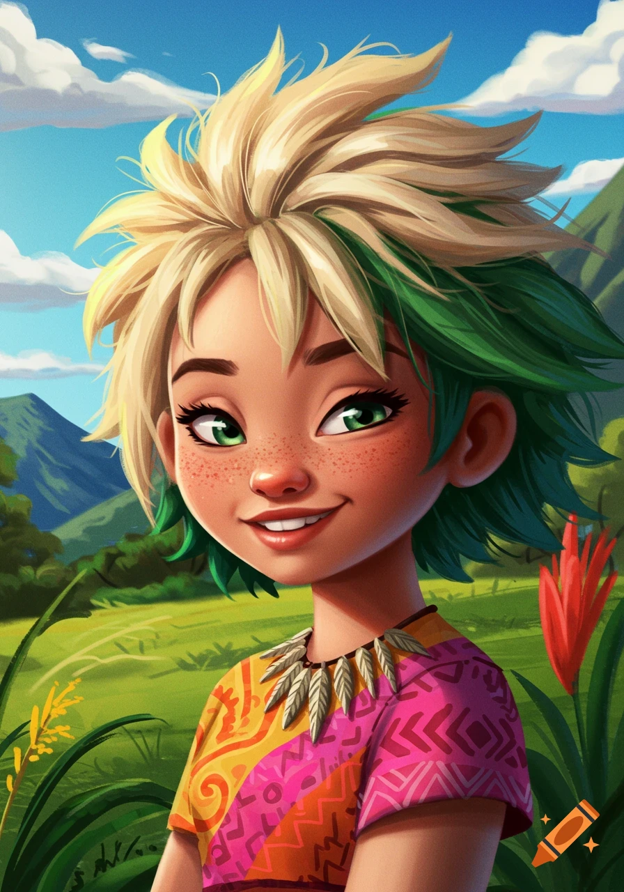 A portrait of a smiling young girl with blonde and green hair, freckles, and a tribal necklace in a lush landscape.