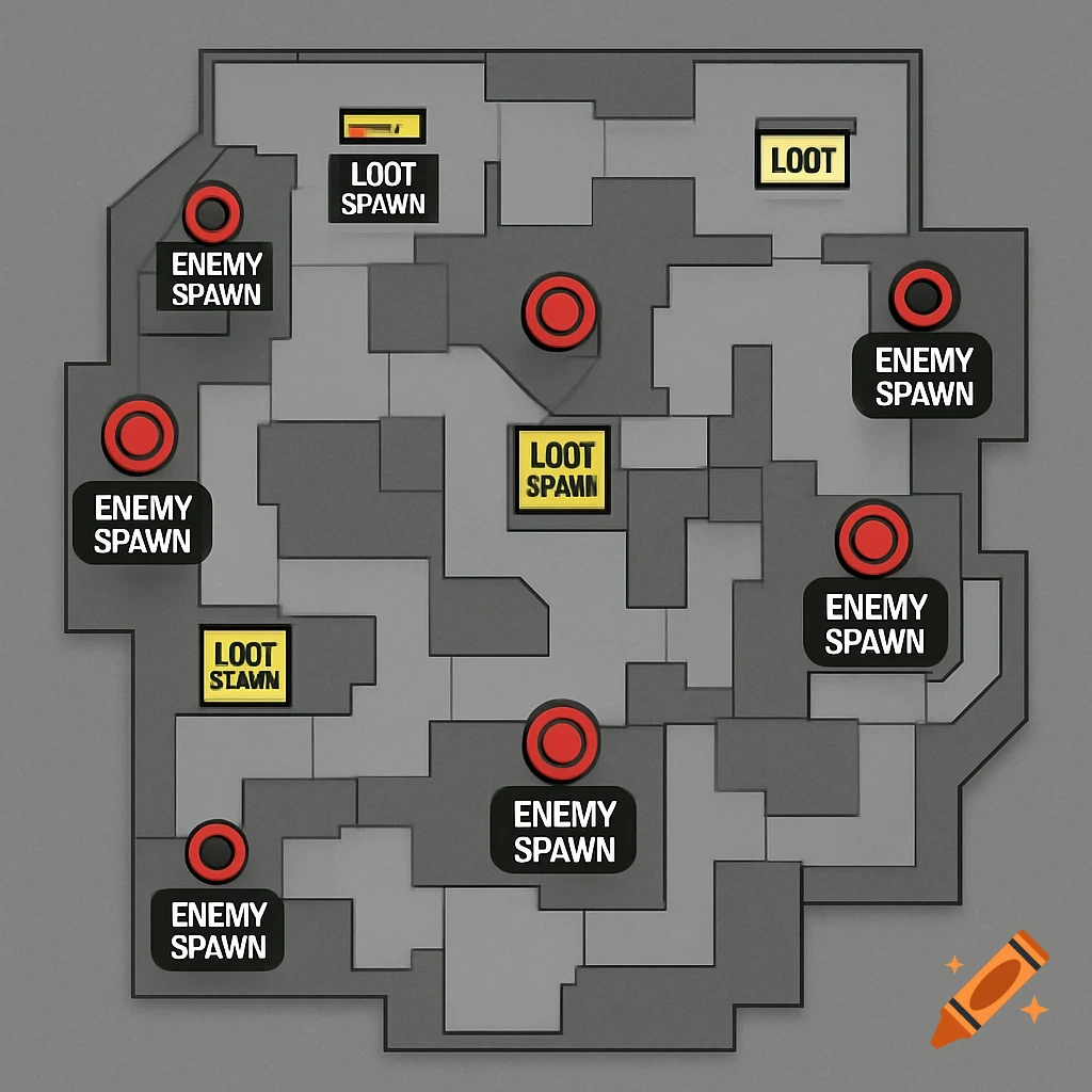 Top-down abstract map of an FPS game level showing enemy and loot spawn points.