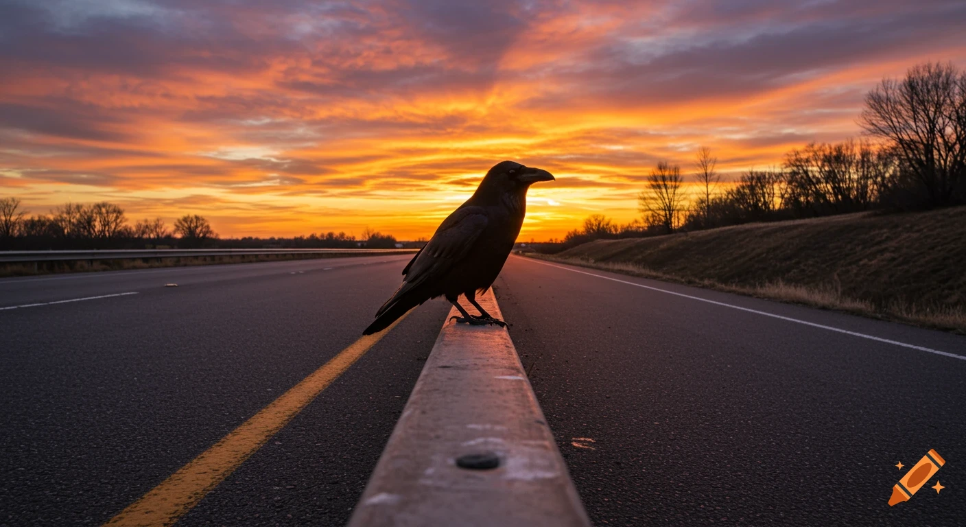 A black raven sits on a highway guardrail at sunset.