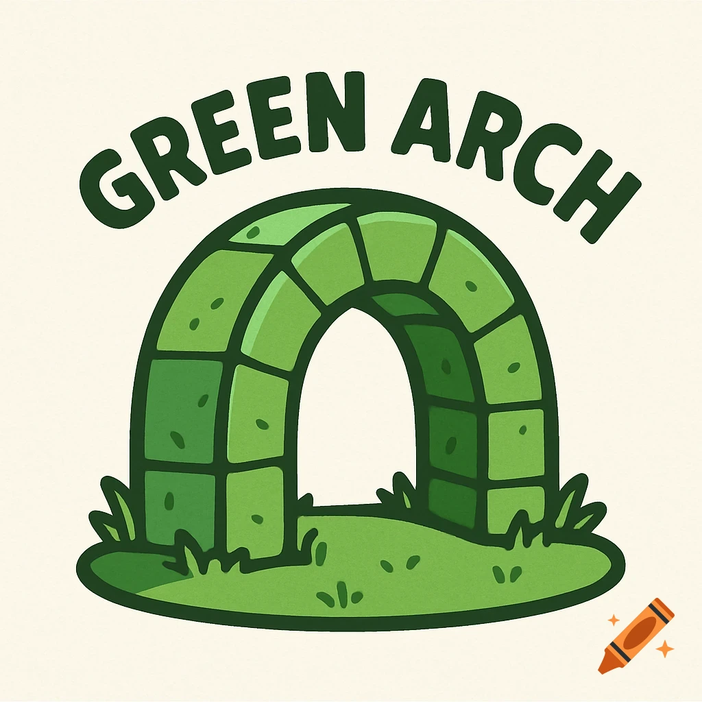 Cartoony logo of a green arch with grass below and text 'GREEN ARCH' above.