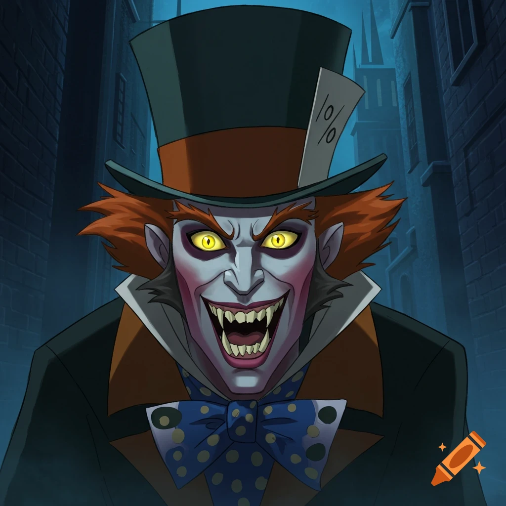 A snarling, fanged character resembling the Mad Hatter wearing a top hat, standing in a dark alley.
