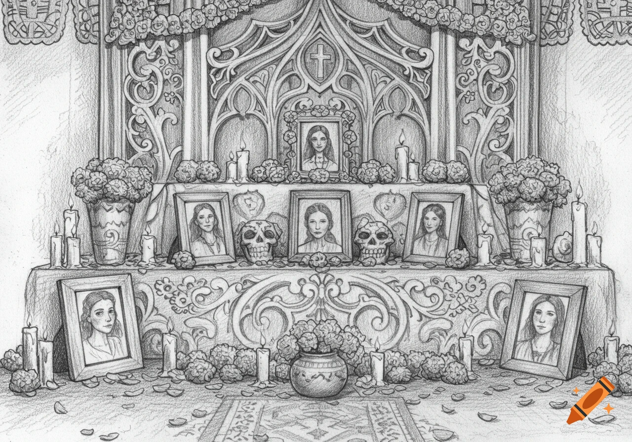 Pencil sketch of a Dia de los Muertos altar with portraits in frames, sugar skulls, candles, and flowers.