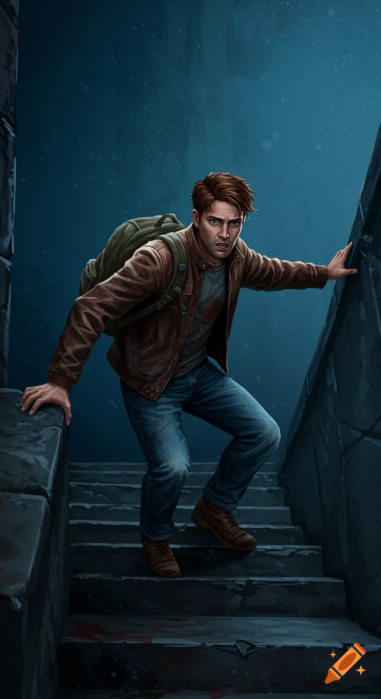 A man with a backpack climbing dark stone stairs.