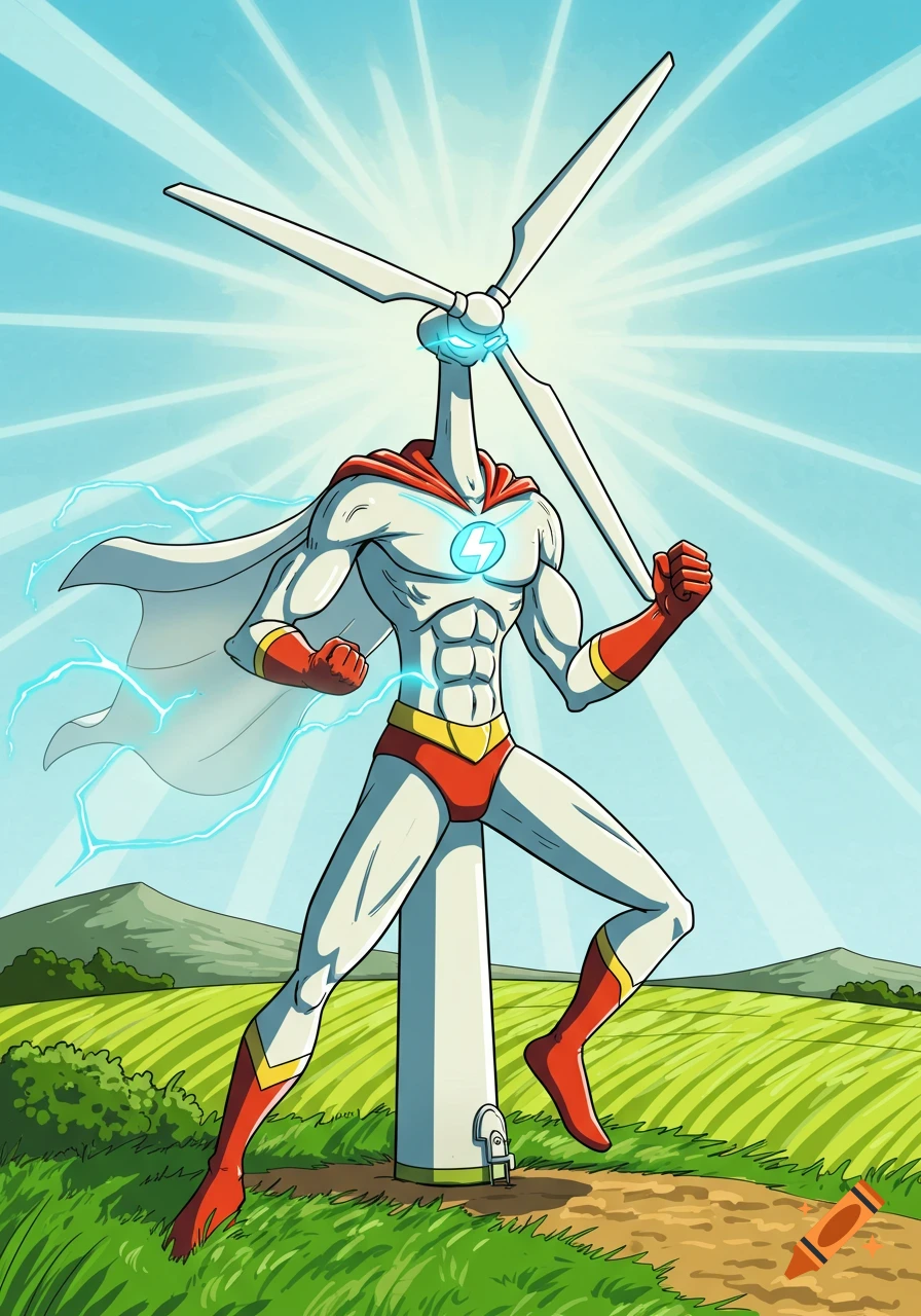 Cartoon wind turbine superhero with cape standing in a field