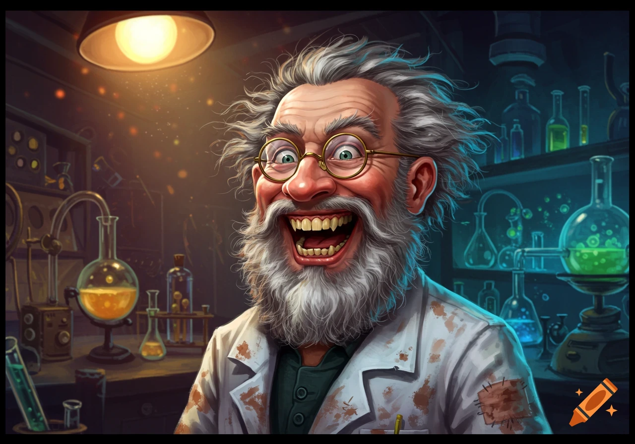 A mad scientist with wild hair and glasses, laughing maniacally in a laboratory.