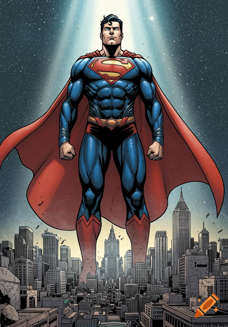 Giant Superman stands looking down over a detailed city at night in a comic art style.