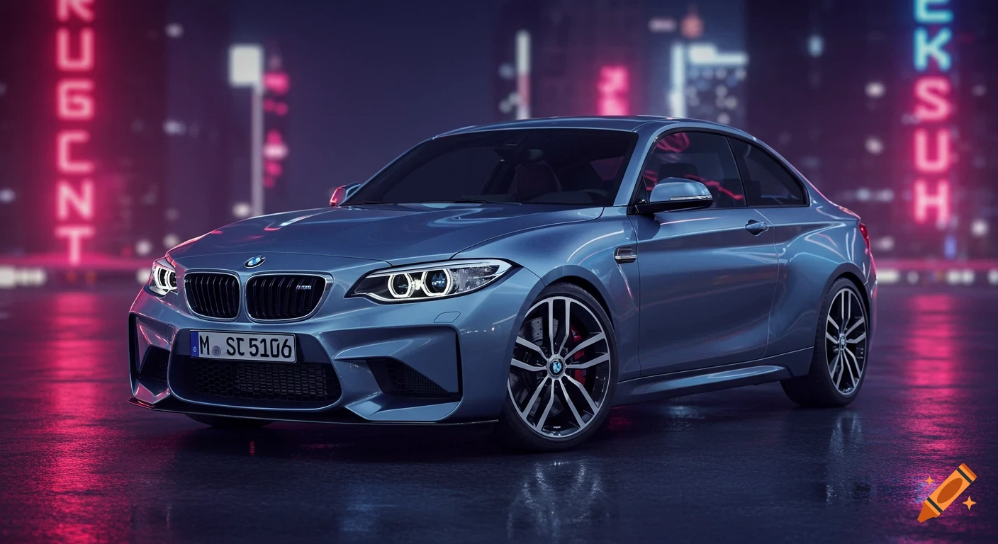 A blue BMW M2 is parked on a wet street in an urban night scene with reflections of neon lights.