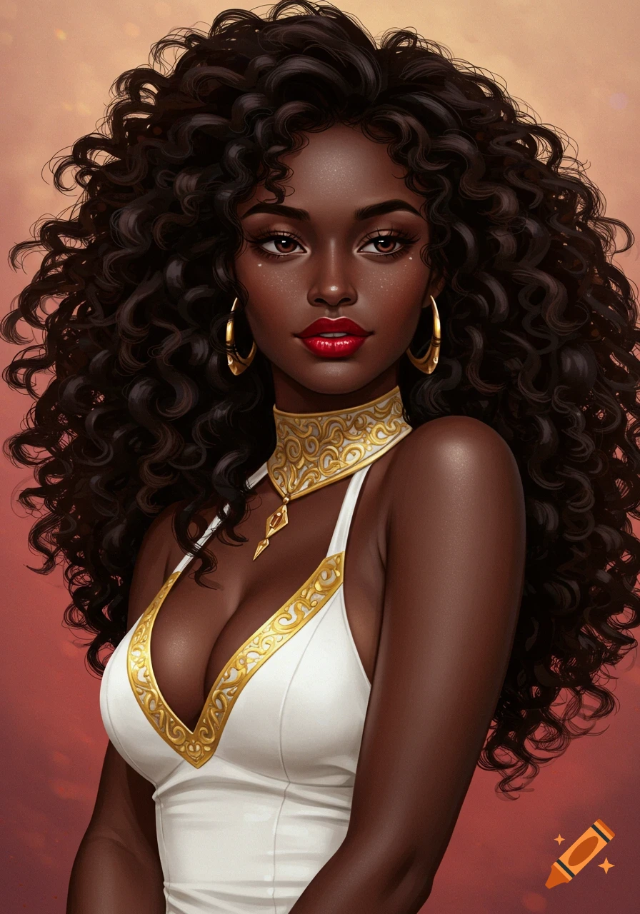 A Black woman with dark curly hair, red lips, gold earrings, and a white dress with gold trim.