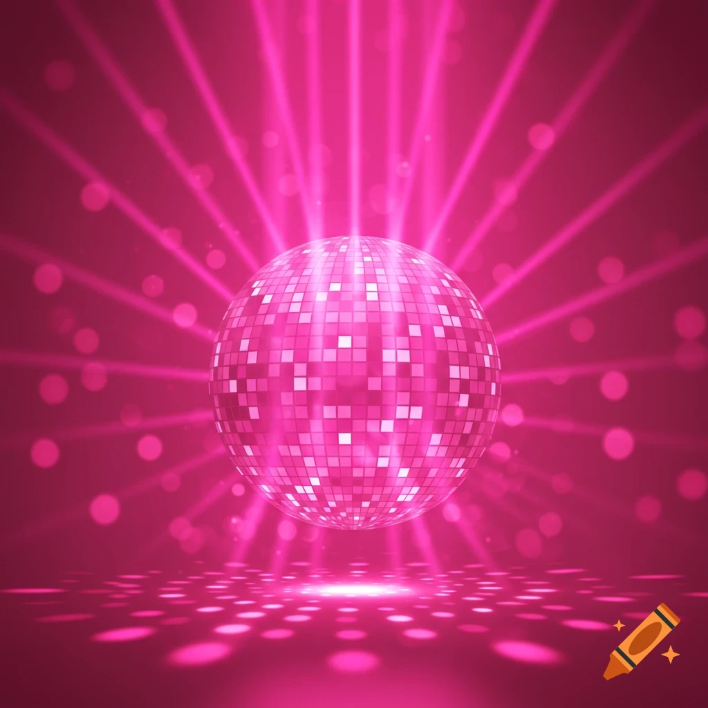 A pink disco ball with radiating pink lights and reflections on a pink background.
