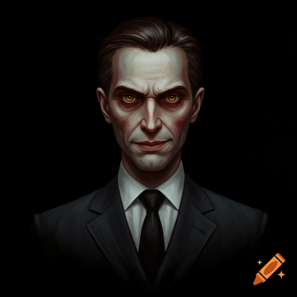 A pale man in a suit with glowing orange eyes and a menacing expression.