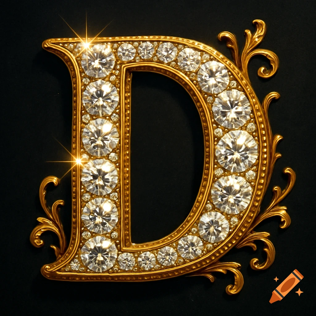 Golden letter D encrusted with diamonds and ornate gold scrollwork on black background.