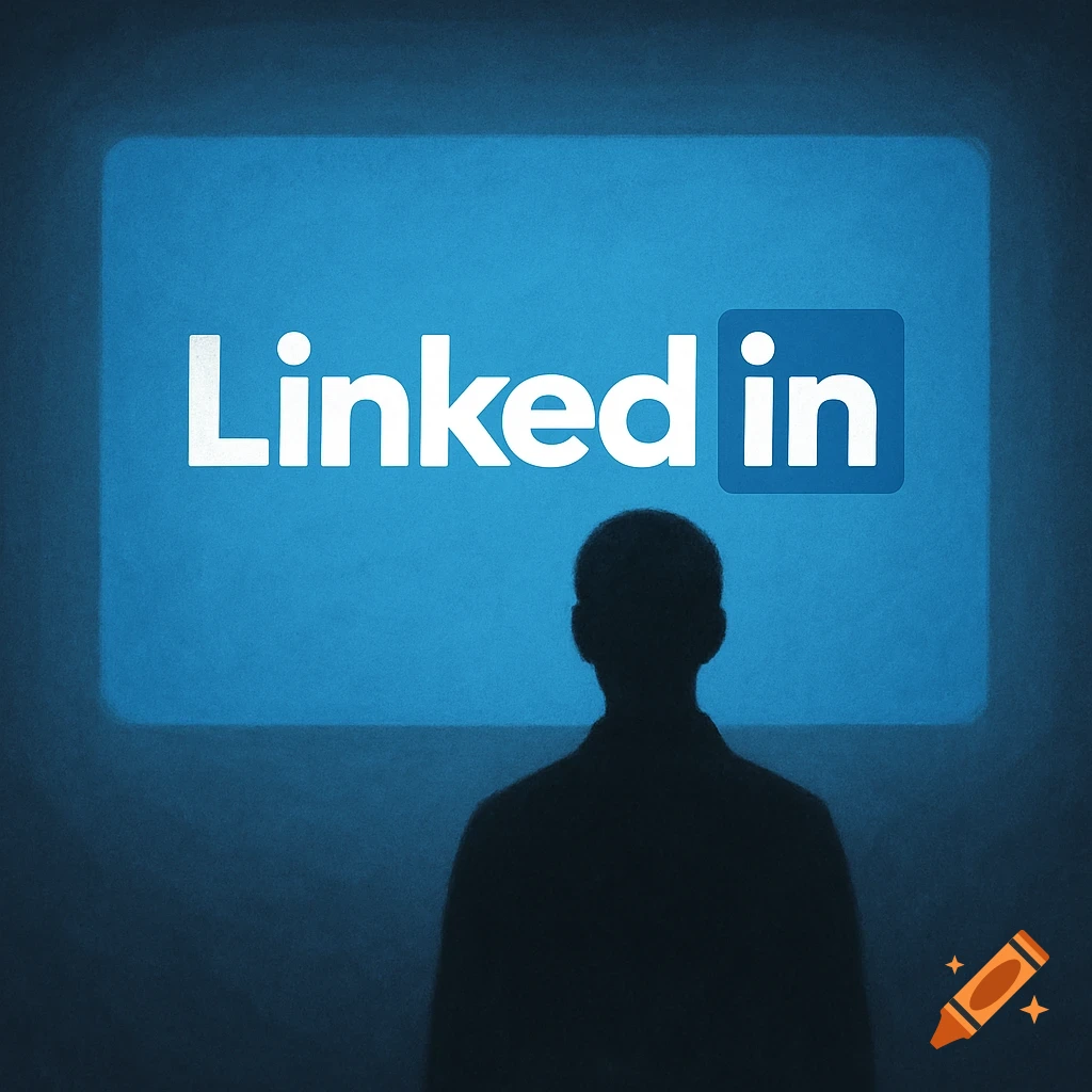 A silhouette of a person looks at a bright blue screen displaying the LinkedIn logo.