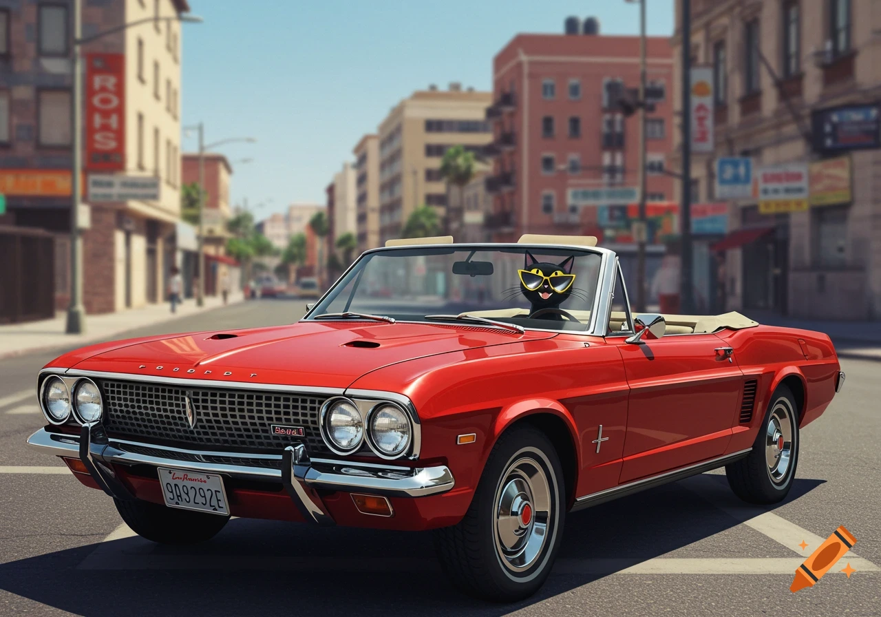 Cartoon black cat in yellow sunglasses driving a red convertible car down a city street.