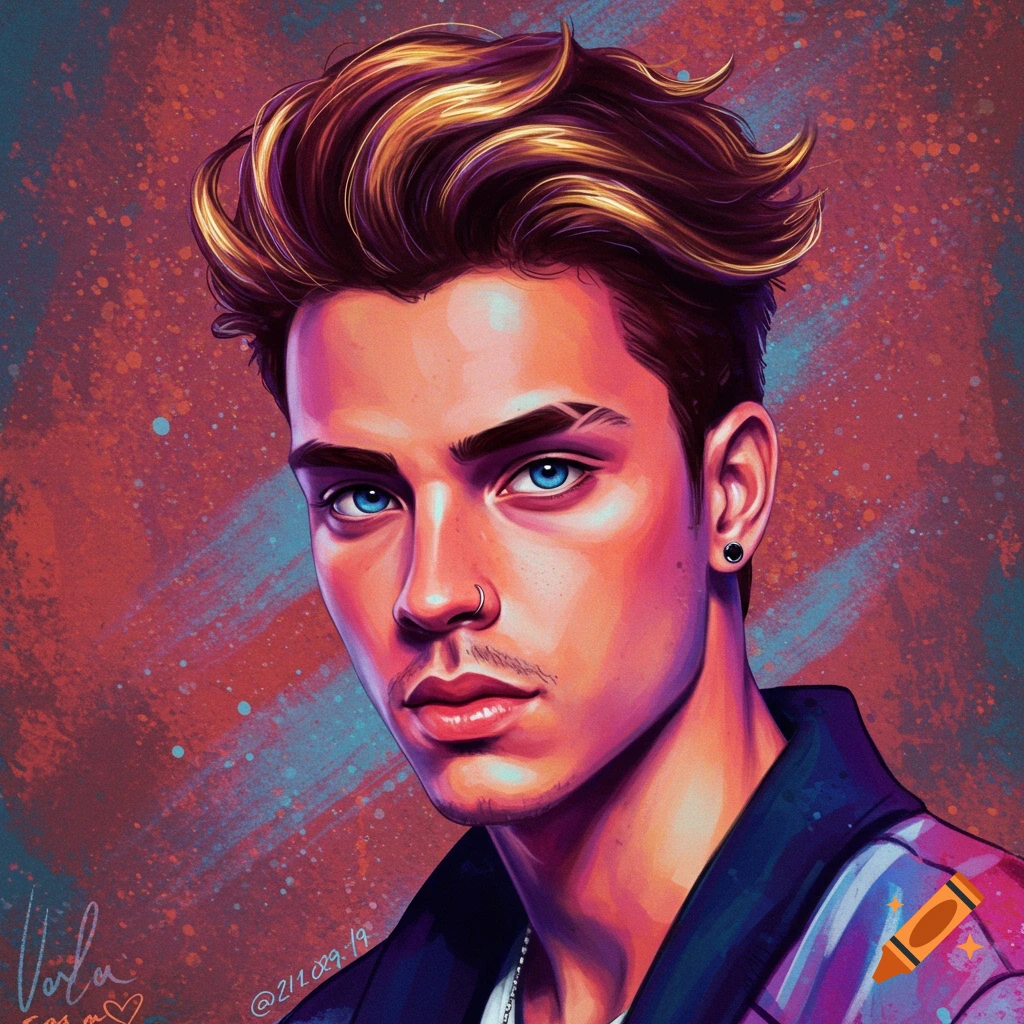 A young man with blue eyes and styled hair.