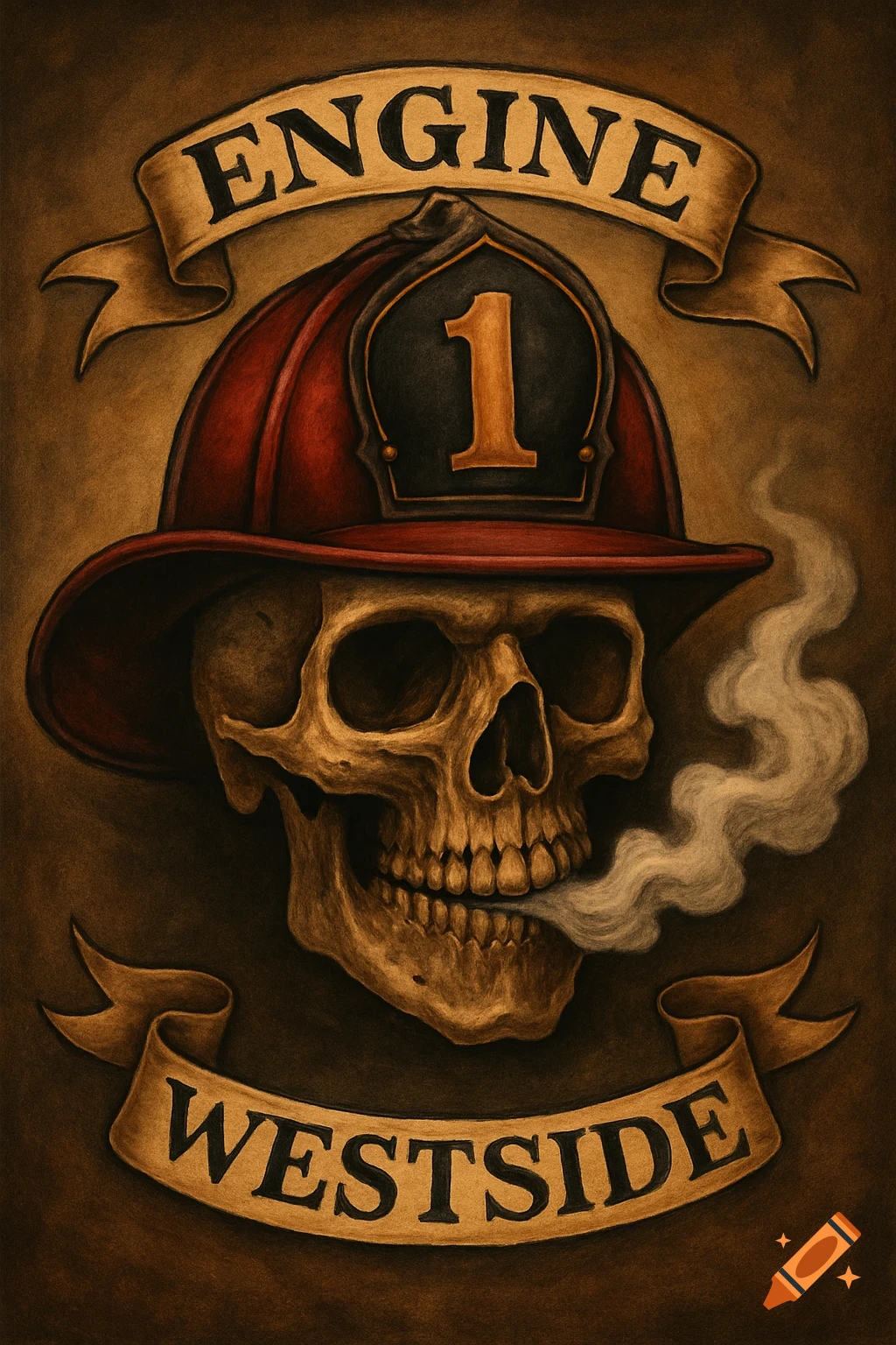A skull wearing a firefighter helmet with banners and smoke.