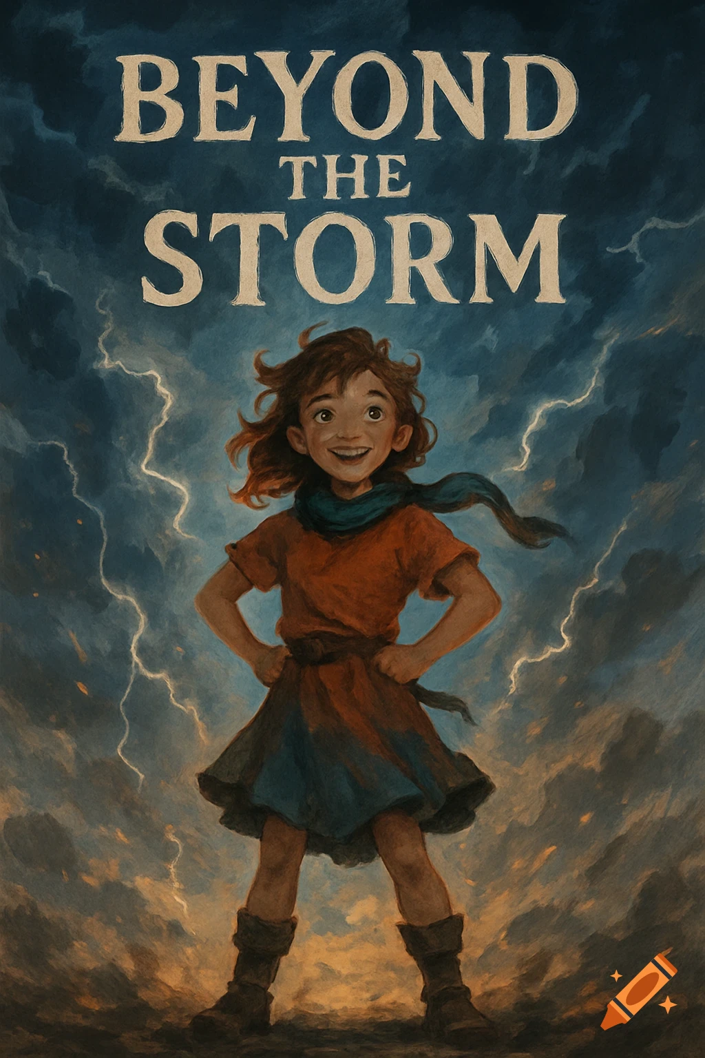 A confident girl stands in a stormy landscape, with the words 'Beyond the Storm'.