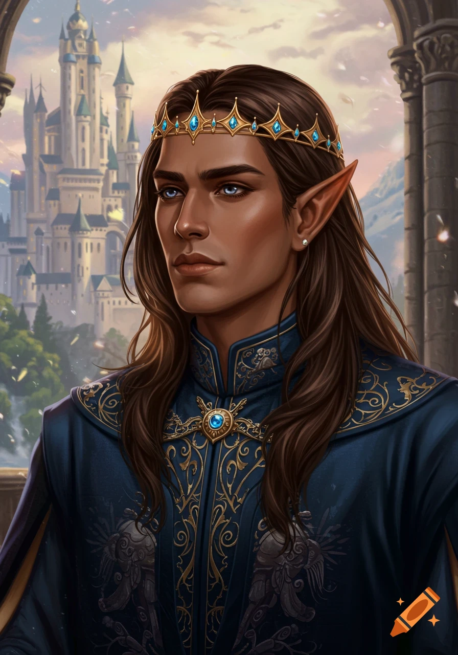 An elf prince with dark skin, long brown hair, and blue eyes wearing a crown and ornate blue robe, in front of a castle.