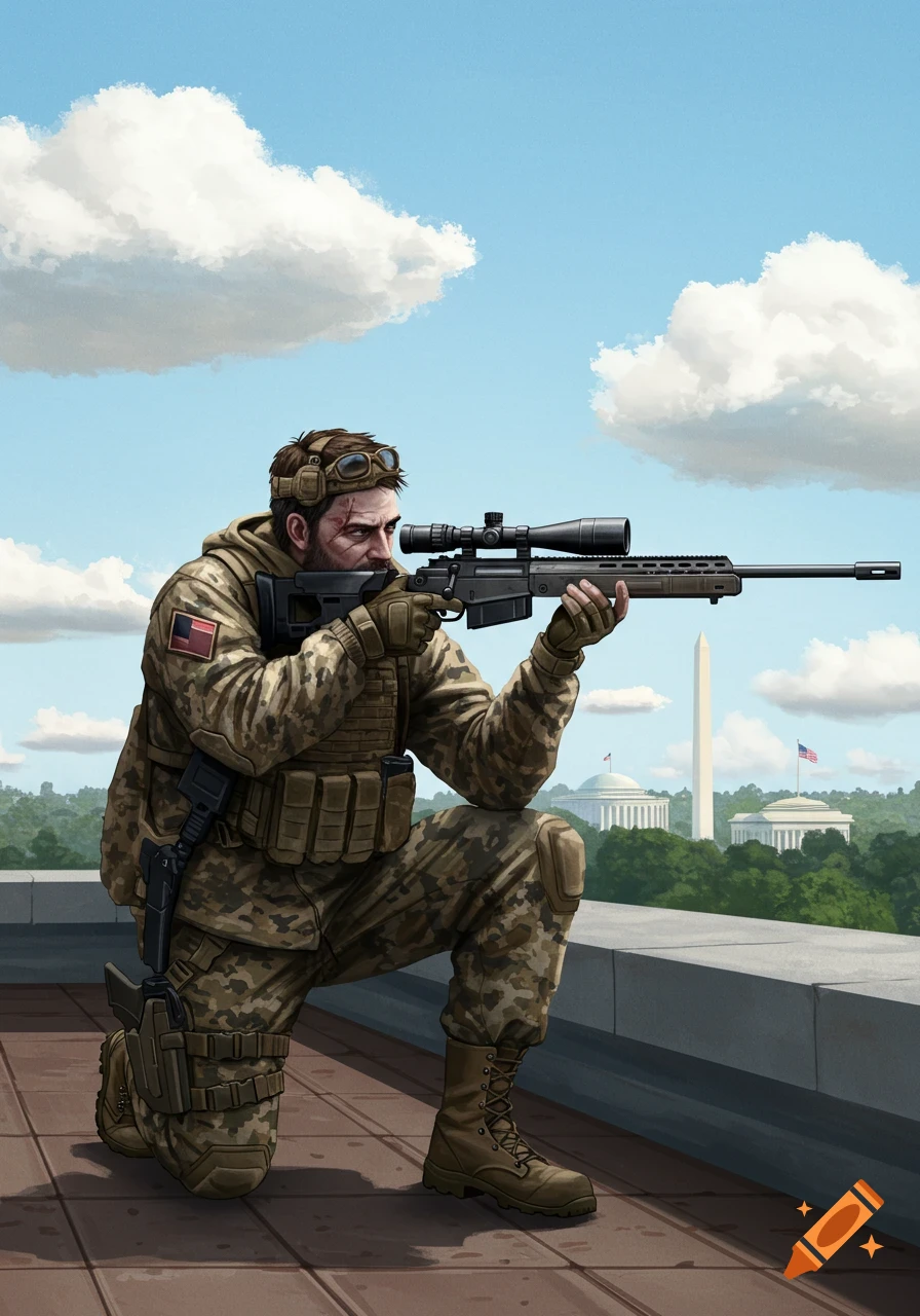 A soldier with a sniper rifle on a rooftop overlooking Washington DC landmarks.