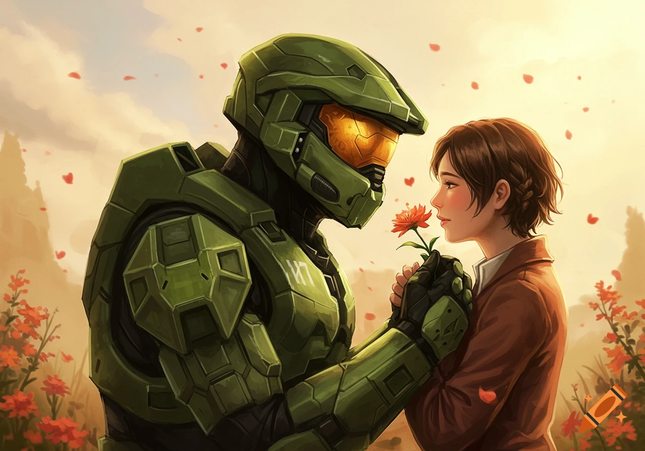 Master Chief from Halo holding a flower with a woman, with heart shapes in the background.