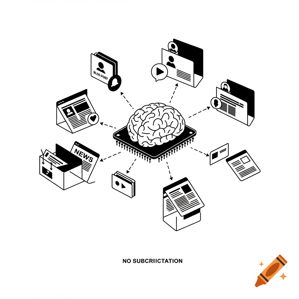 Black and white minimalistic diagram shows a brain on a circuit board connected by dashed lines to icons representing content sources and users, illustrating data processing.