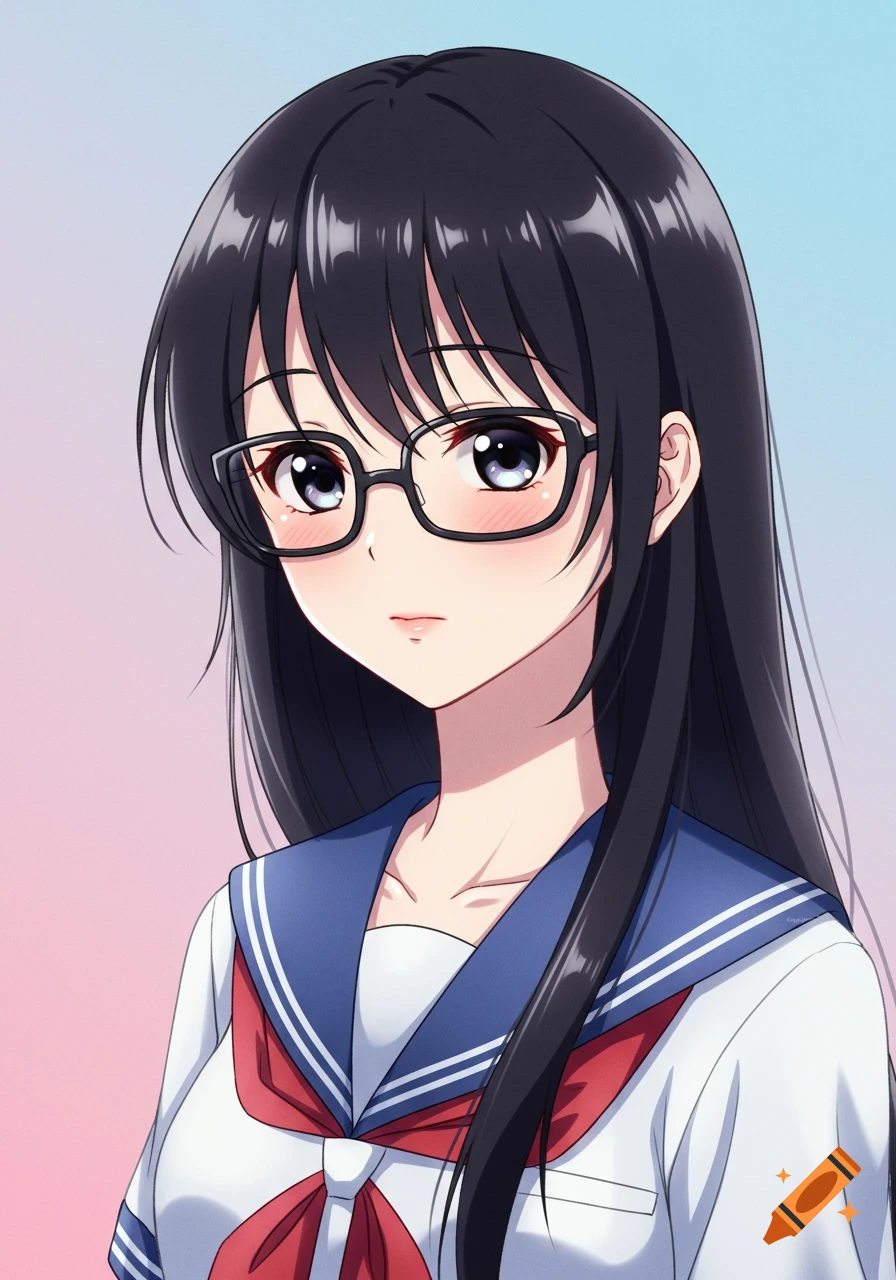 Close-up portrait of an anime girl with black hair and glasses wearing a school uniform.