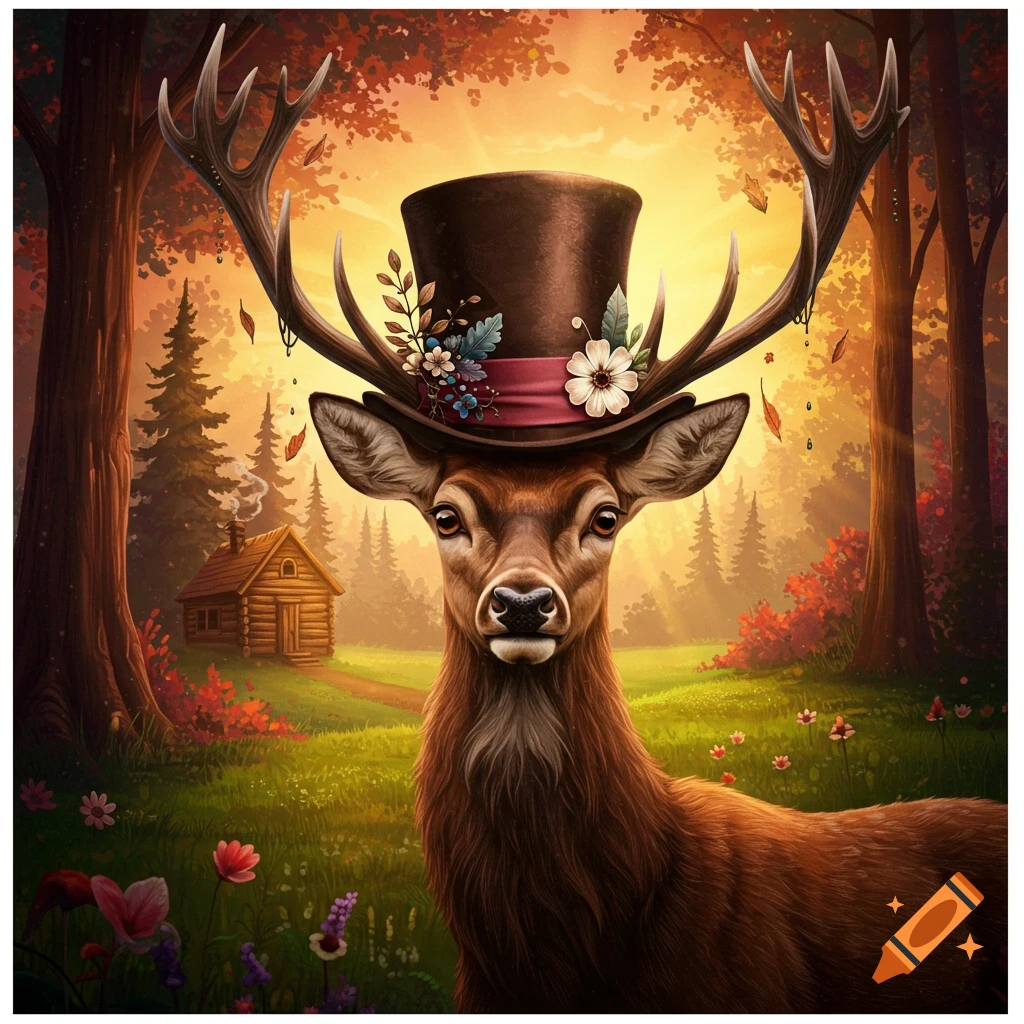 A deer wearing a top hat adorned with flowers in a sunny forest clearing.