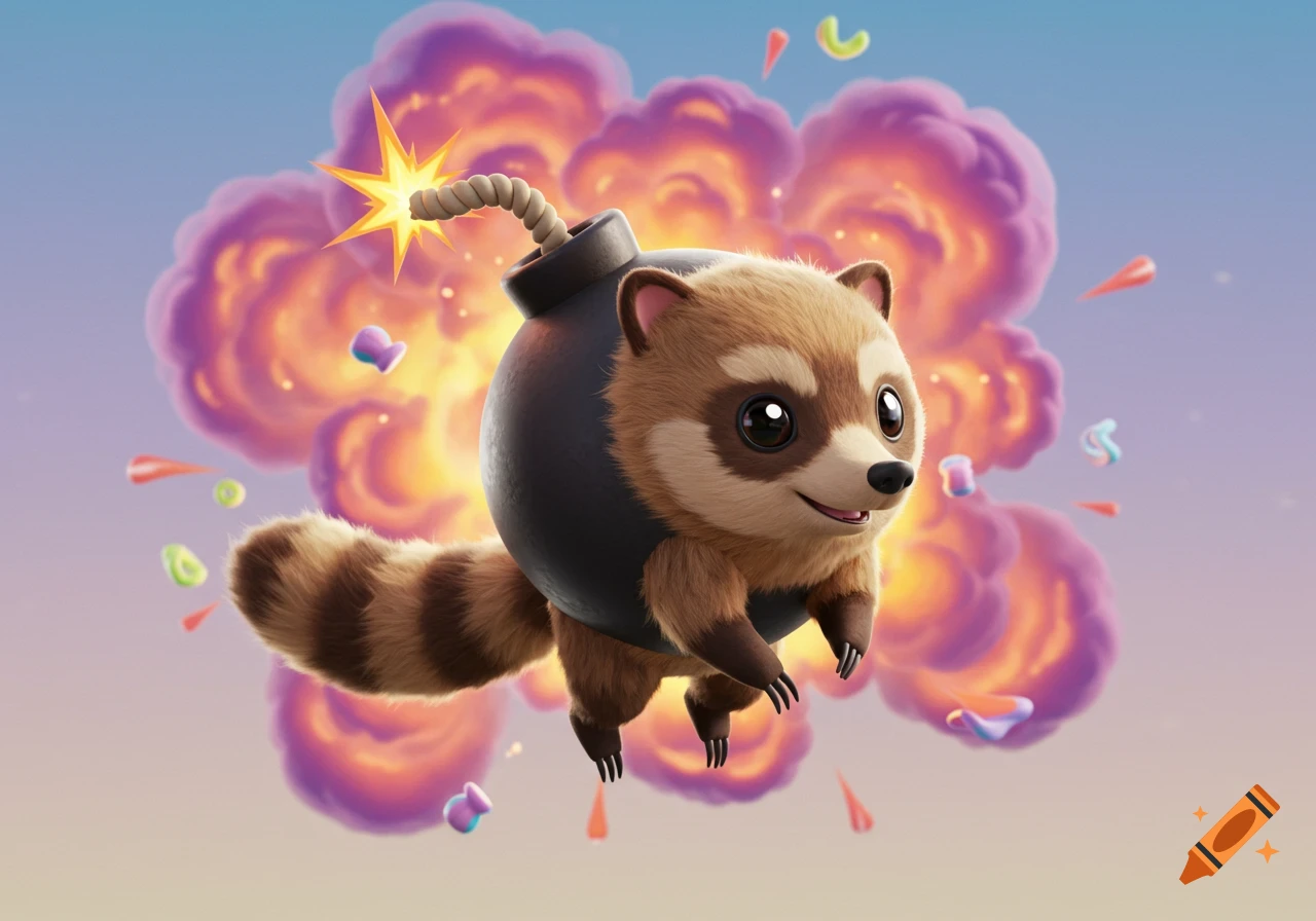 A cute cartoon raccoon-like animal wearing a bomb flies in front of a colorful explosion.