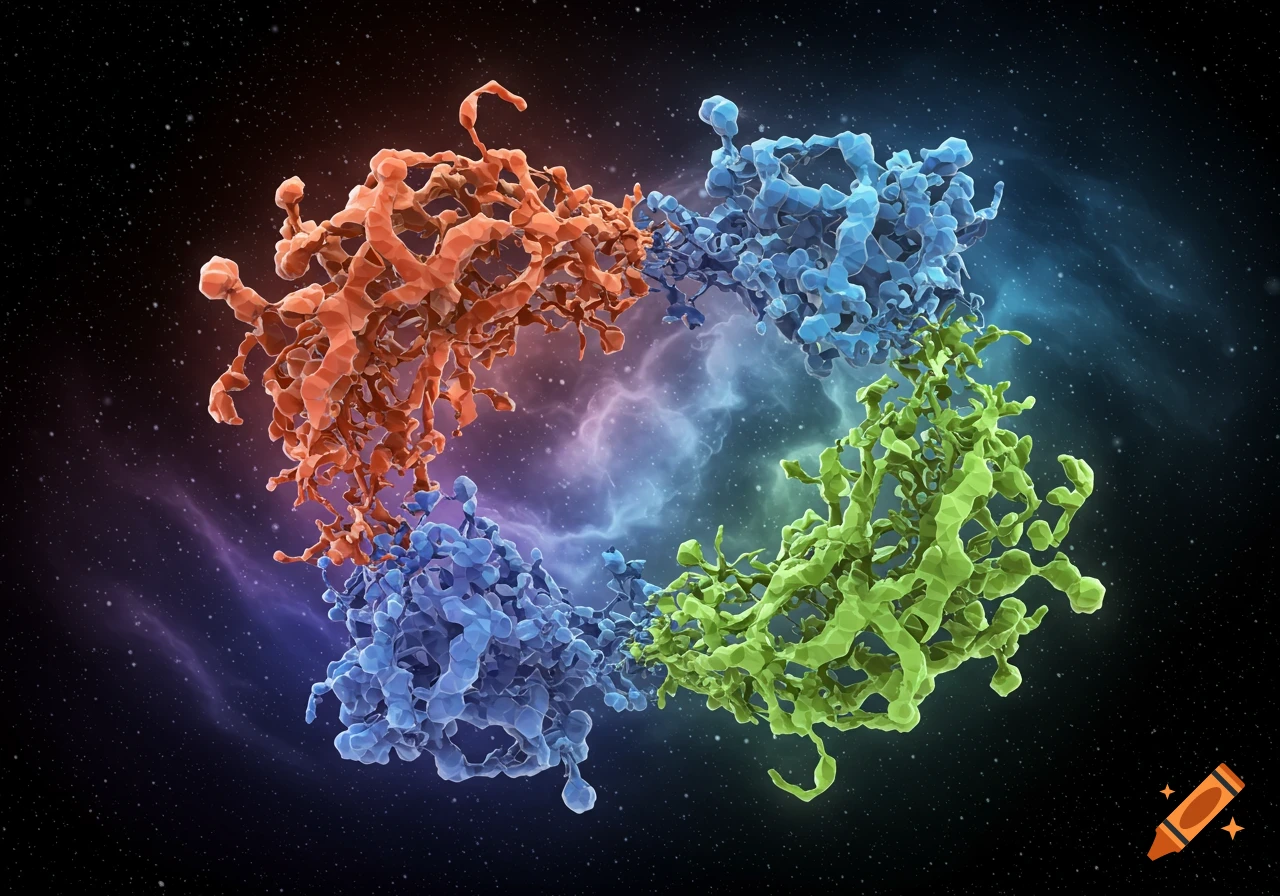 Abstract image of colorful biological structures against a space background.