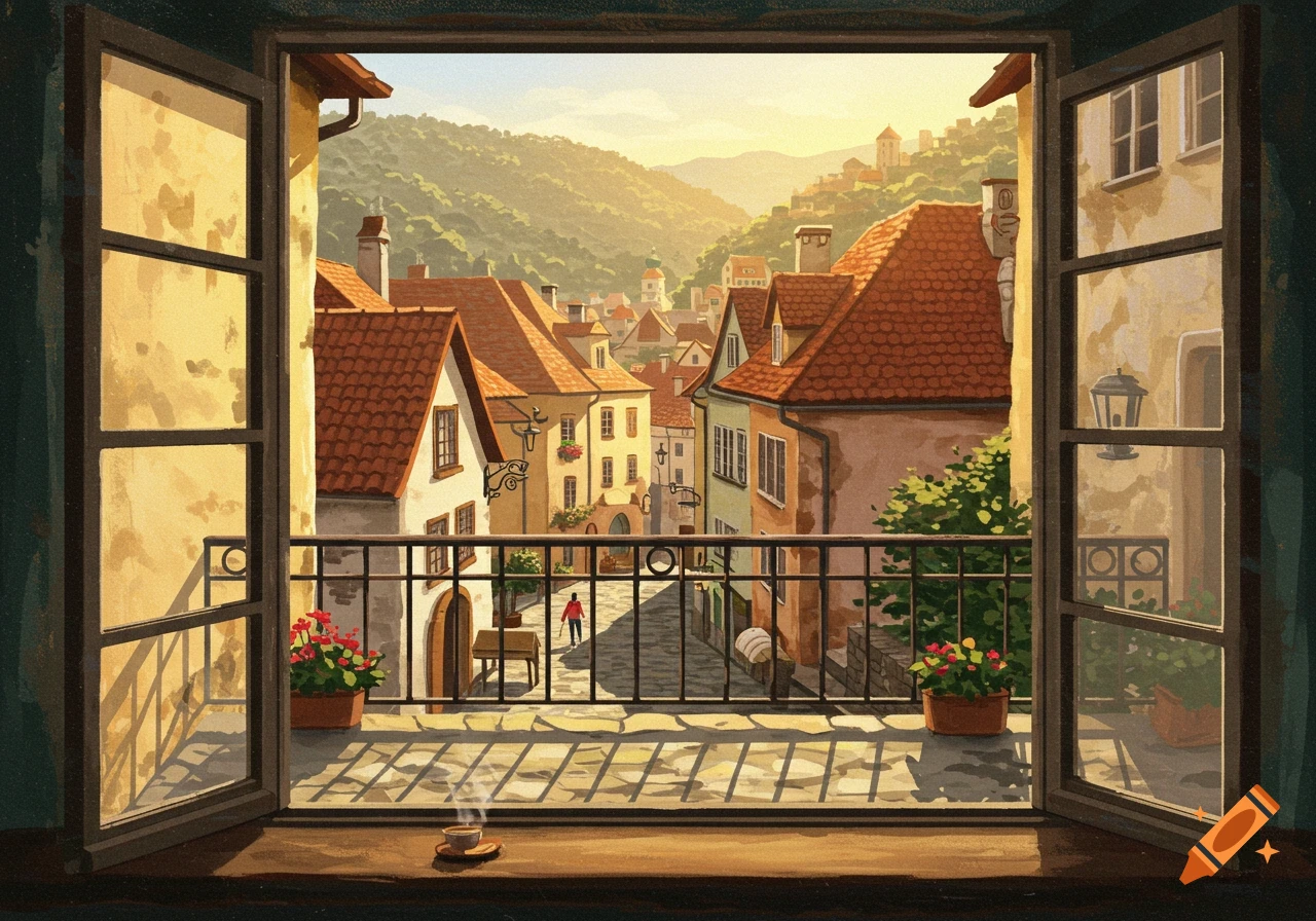 View from a window looking down onto a village street with buildings, hills, and a person.
