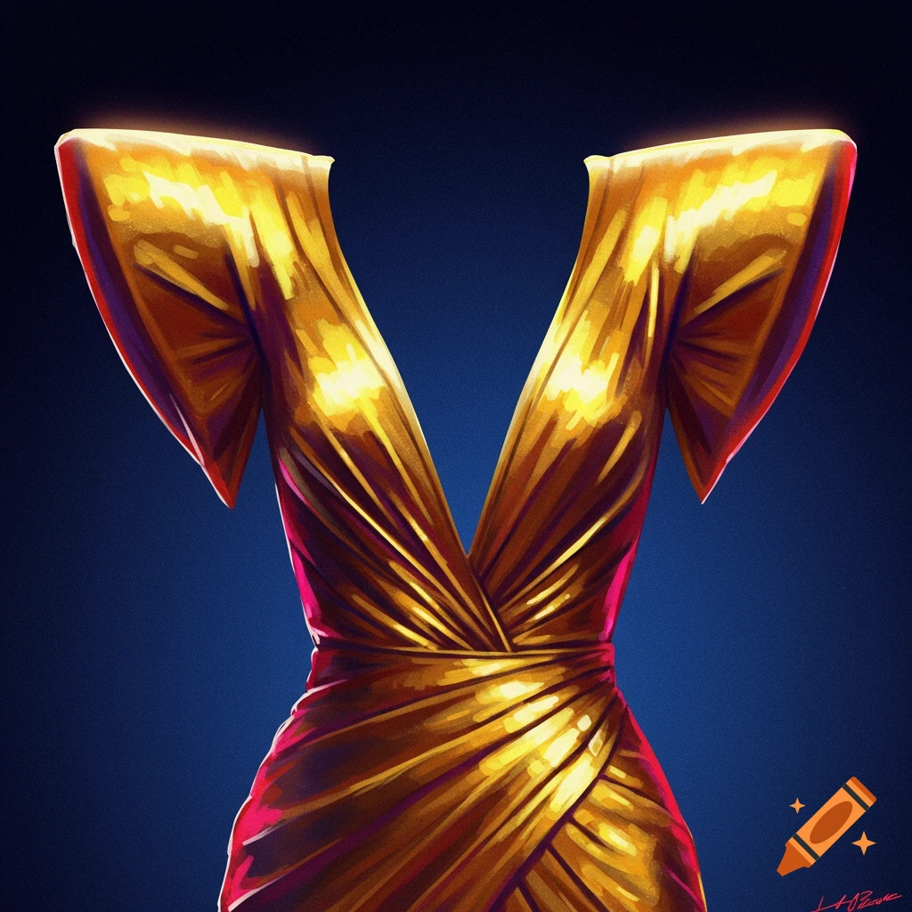 A dramatic gold dress with broad shoulders and draped fabric is set against a dark background.