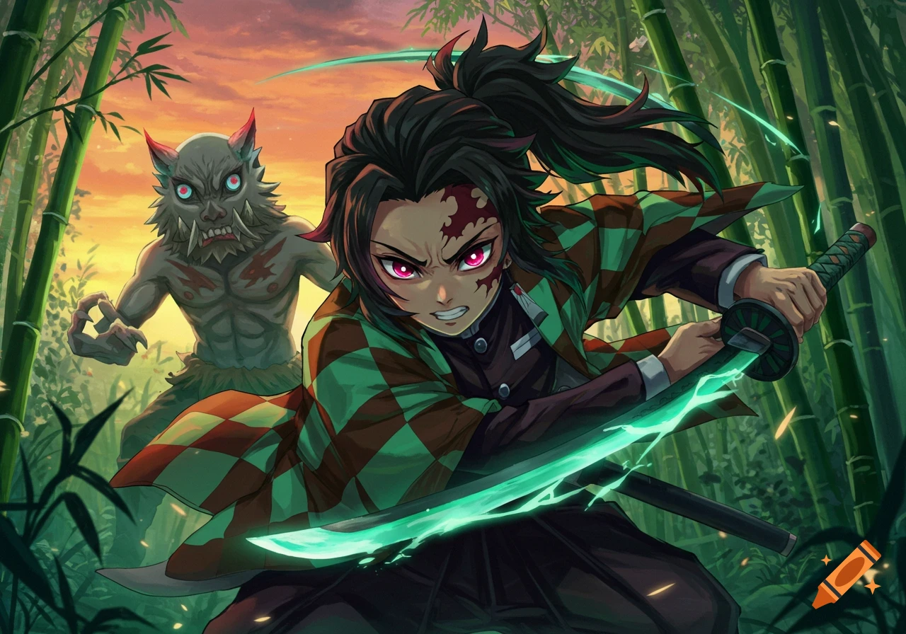 Tanjiro and Inosuke from Demon Slayer in a bamboo forest combat scene, anime style.